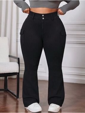 SHEIN Black High-Waist Boot Cut Cargo Jeans